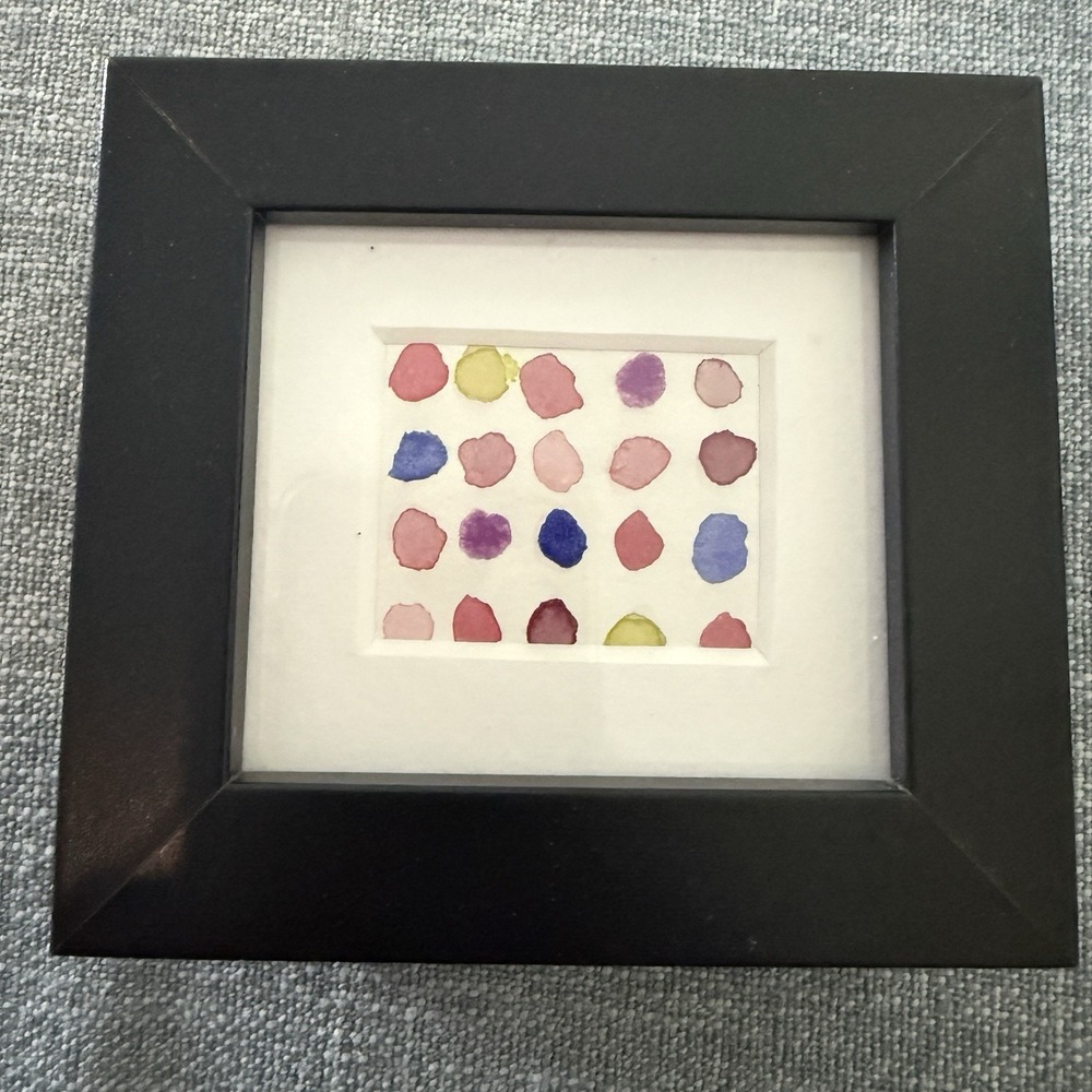 Original  Miniature Watercolor Painting On Paper, Framed,‎ Abstract Dots Pastel